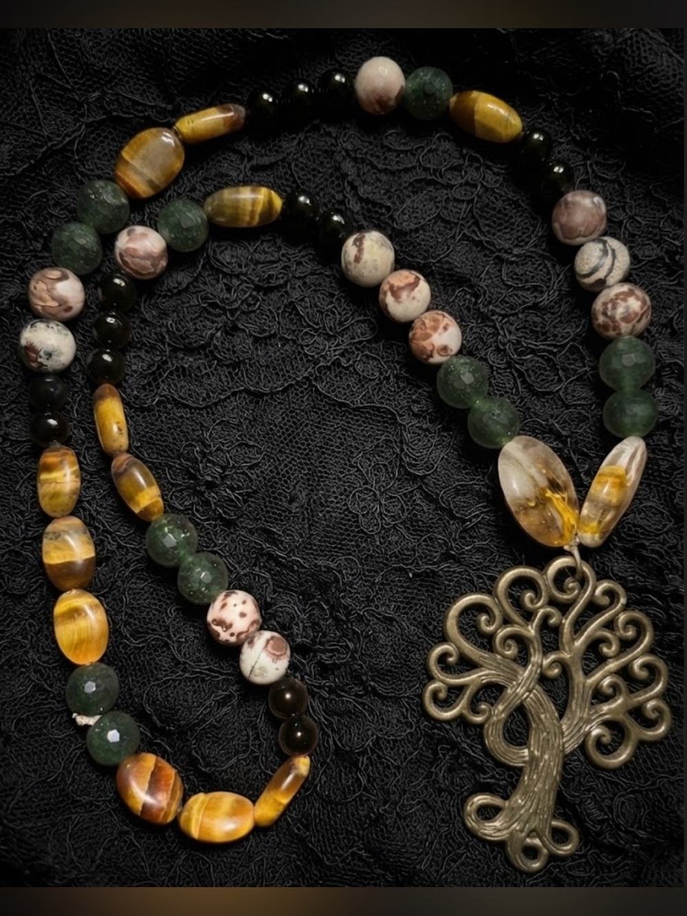 Fantasy Tree Necklace (Canadian Jade, Black Onyx,Tiger’s Eye & Lemon Quartz)